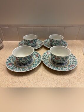 Vintage Arita Floral Porcelain Tea Cup and Saucer Set - Green and Pink